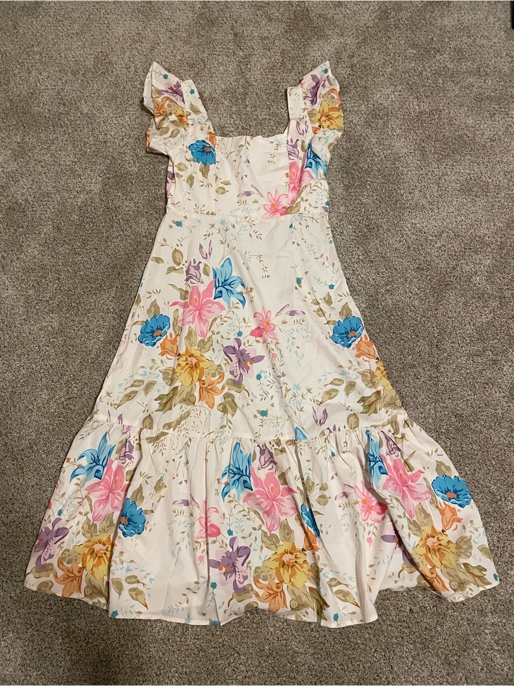 SHEIN Cream Floral Midi Dress with Blue Pink Yellow Accents